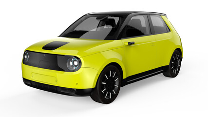 3D Yellow Compact Electric Car - Futuristic EV Hatchback Isolated on White Background