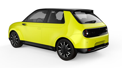 3D Yellow Compact Electric Car - Futuristic EV Hatchback Isolated on White Background