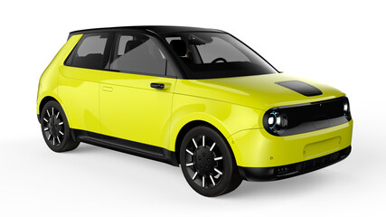 3D Yellow Compact Electric Car - Futuristic EV Hatchback Isolated on White Background