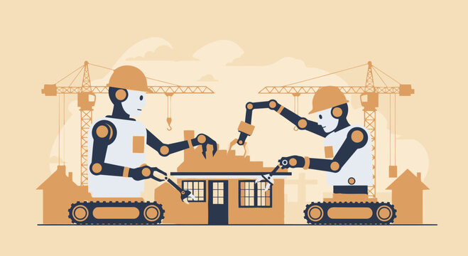 Automated Construction Robots Building Houses Efficiently On Construction Site