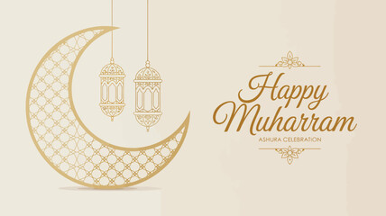 happy muharram ashura celebration greeting with crescent moon, hanging lanterns, and elegant islamic typography in festive decorative style