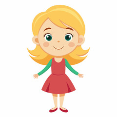 happy blond girl, blonde hair girl, smiling girl, cheerful child, joyful girl, girl in dress, cute girl, full body girl, full-length girl, standing girl, cartoon girl, child character, blond kid, whit