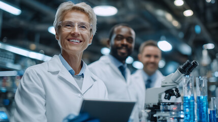 Group of diverse scientists in white lab coats collaborate in a bright, high-tech laboratory, peering through microscopes and discussing sample data displayed on digital tablets, s