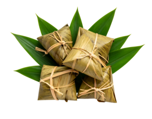 Traditional Wrapped Zongzi Sticky Rice Dumplings with Bamboo Leaves, isolated on transparent background