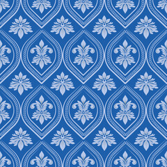 Damask seamless pattern with blue flowers element, vintage design, vector illustration elegant for textile, wall paper, bedding, curtains, cushion cover, rug, scarf, upholstery fabric, wrapping