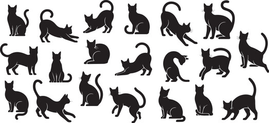 Black cat silhouettes in various poses isolated on a white background