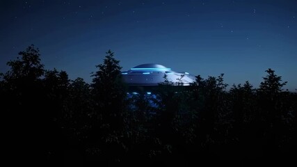A flying saucer hovering above forest trees at night. Alien spaceship in dark sky with stars, extraterrestrial concept footage.