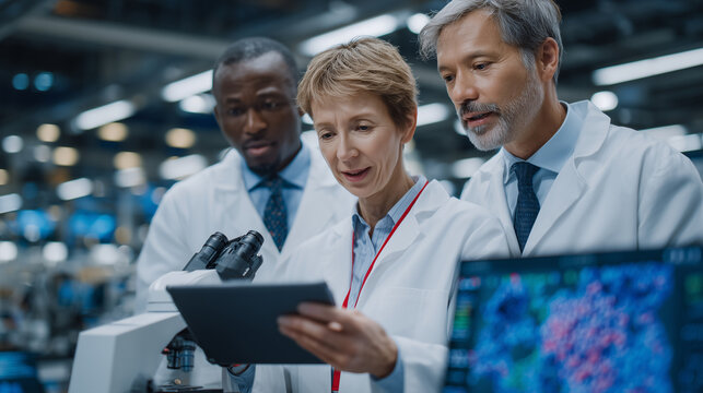 Multicultural group of researchers discussing microscope findings over digital tablets, clean lab environment with biohazard signs, advanced robotic sample handlers, and large data