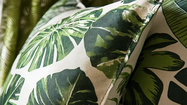 Closeup tropical leaf print pillows on sofa, patterned curtains in background