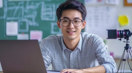 Engaged student smiling in a bright classroom, working on a laptop with a camera nearby. Perfect for educational, technology, and portrait-related content.