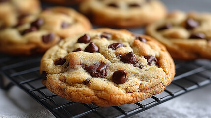 Irresistibly delicious homemade chocolate chip cookies with rich melted chocolate chips cooling on a wire rack.