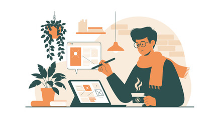 Fototapeta premium Creative Freelancer Working From Home On User Interface Designs Using Tablet