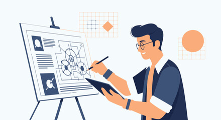 Fototapeta premium Creative Man Developing Innovative Strategy on Easel Using Tablet Device