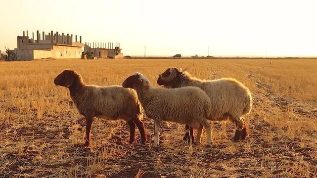 A majestic Awassi ram with two ewes grazing peacefully at sunset, golden sunlight shimmering on their wool like threads of gold&mdash;an authentic moment of rural beauty and tranquility.
