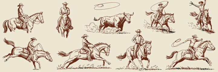 Cowboys riding horses with bull lasso sketch, vintage rodeo drawing, western scene