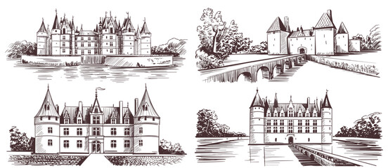 Obraz premium Castle sketches architecture illustration set. European castle design art drawings.