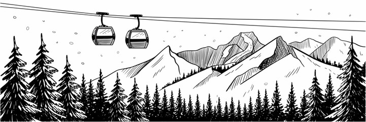 Mountain scene with ski gondolas, winter landscape with trees and snow