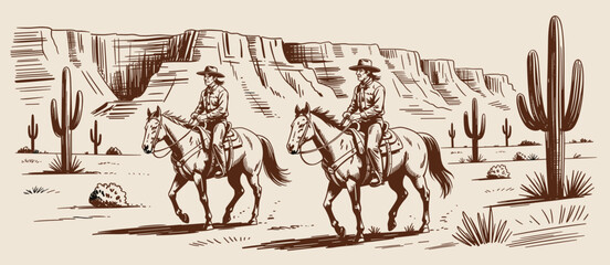 Two cowboys riding horses in desert landscape, western scene illustration