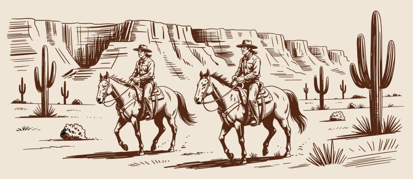 Two cowboys riding horses in desert landscape, western scene illustration