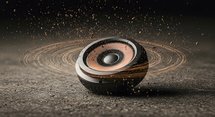 Audio speaker vibration. Sound wave technology, music power concept, bass loud speaker illustration, sound system design, particle explosion background idea