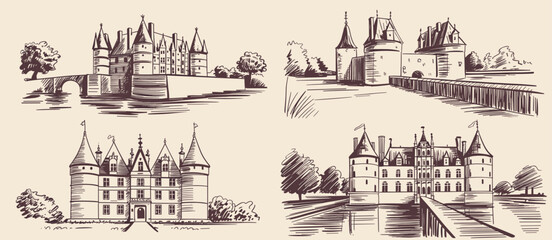 Four European castles illustration sketches with towers, drawbridge, water and architecture