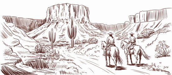 Two people riding horses in desert landscape sketch illustration