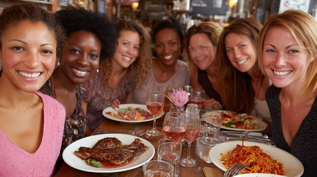 Seven happy diverse women enjoy a delightful dinner together at a bustling restaurant. - Powered by Adobe