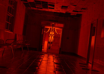 A ghostly figure with a visible skeleton glowing red floating in the corridor of an abandoned building