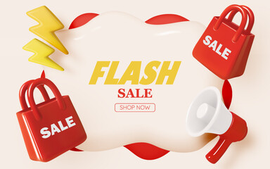 Flash Sale Alert with Megaphone and Shopping Bag in Bold 3D Minimal Style Design