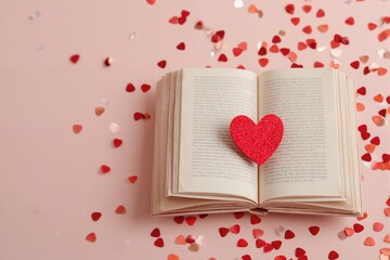 An open book lies on a light pink background, the pages of which are decorated with paper hearts. View from above