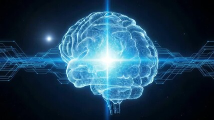 Glowing digital brain with blue light, futuristic neural network, artificial intelligence, and technology concept, symbolizing innovation and advanced science cosmic background, featuring digital - Powered by Adobe