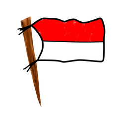 An illustration of the red and white Indonesian flag with a black rope tied with wood. Independence day, August 17, 1945, Republic of Indonesia.