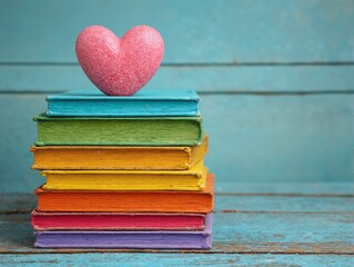 A stack of books with bright covers. A pink heart lies on top of the books. The background is wooden boards, light turquoise color.