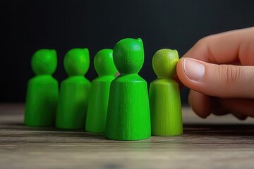 A hand selects a slightly lighter shade of green wooden figurine from a row of identical figures
