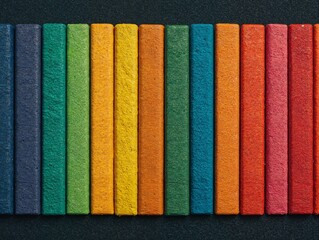 A neat row of rectangular crayons or pastels on a black background.