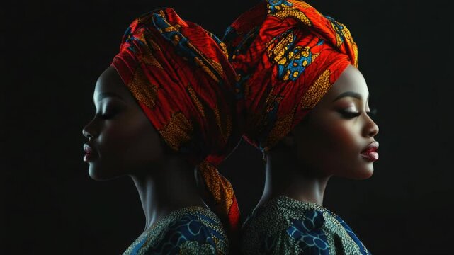 A beautiful, double-faced portrait of an African American woman wearing vibrant headwraps with intricate patterns.