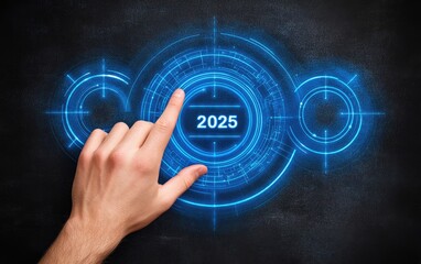 A hand points to the year 2025 displayed on a glowing, futuristic interface