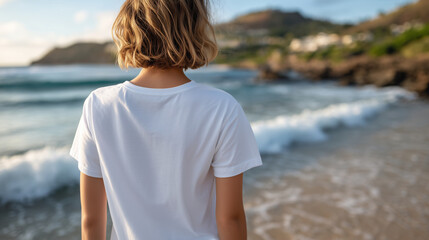 Clean back view of female in white tee shirt, standing barefoot on shoreline, warm sunlight illuminating smooth cotton fabric, gentle waves reflecting sky tones creating serene sum