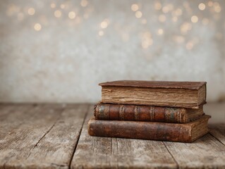 A stack of three antique books on a worn wooden surface.