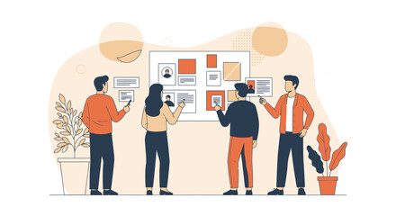 Team Planning Business Strategy Together Around A Vision Board In Modern Office