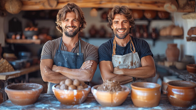 Two smiling male potters in aprons stand proudly in a pottery studio, surrounded by clay bowls and tools, showcasing their craftsmanship and passion for pottery making