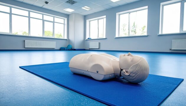 CPR Training Dummy on Blue Mat in Bright Training Room Interior