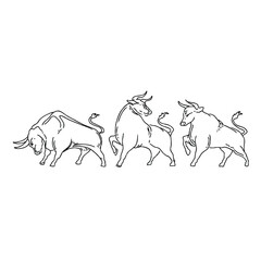 Three black and white bull line art