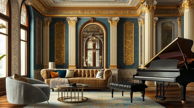Elegant neoclassical living room with gold-trimmed walls, luxurious velvet sofa, and grand piano creating a sophisticated and timeless interior design atmosphere of refined opulence