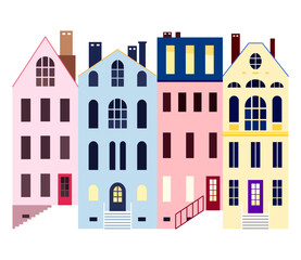 Old European street view with colorful facades, tiny buildings and roofs. Minimal illustration for traveling postcards, architecture art