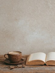A cup of coffee with an open book and glasses on a wooden table. The background is neutral, light