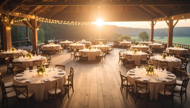 Elegant Rustic Wedding Reception with Tables and Scenic View - Powered by Adobe