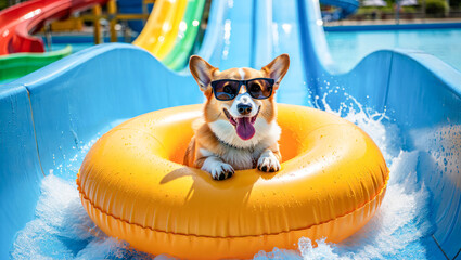 Corgi dog wearing sunglasses having fun at aquapark sliding down water slide on yellow inflatable ring, splashing into pool. Summer vacation, holiday, travel. Happy dog enjoys active leisure at resort