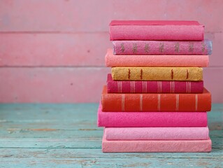 A stack of books in simple covers of bright colors against a wooden pink wall and a blue table.