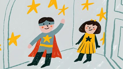 Illustration of two children dressed as superheroes with stars in a room space